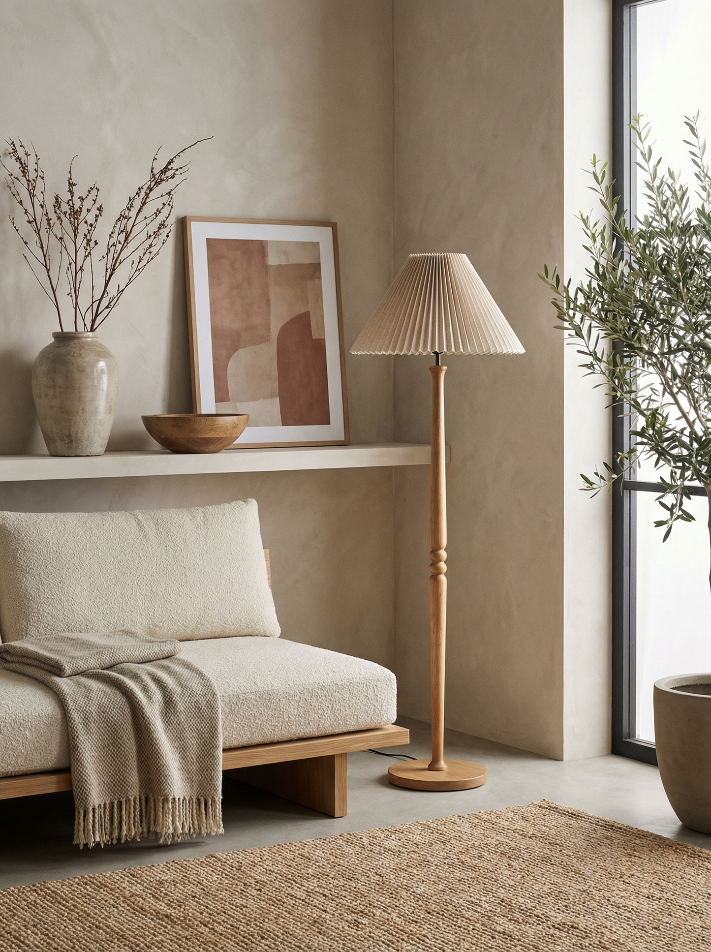 Japandi Pleated Floor Lamp - Natural Wood Pleated Floor Lamp