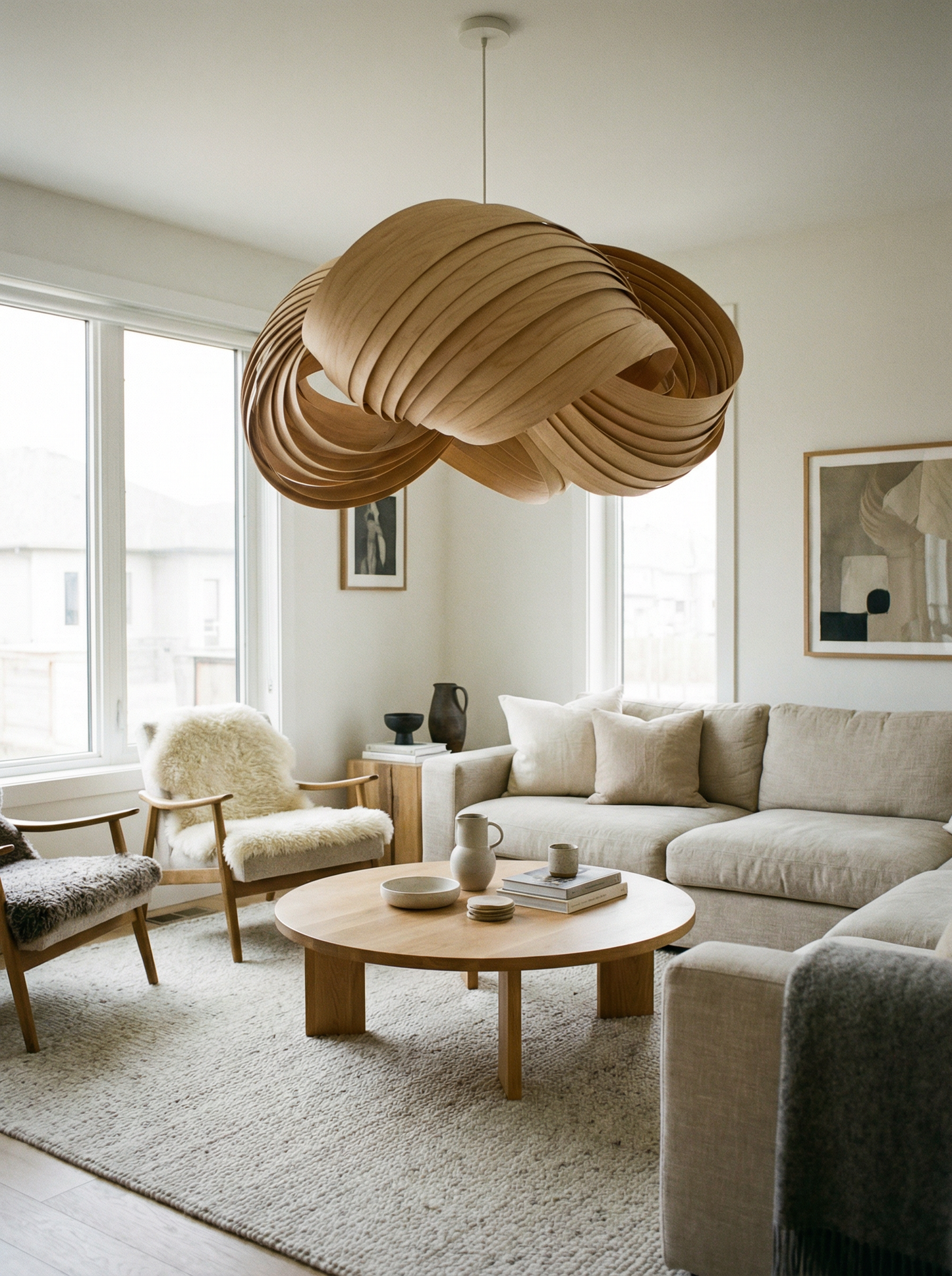 Nordic Sculptural Pendant - Wooden and Glass Hanging Lamp