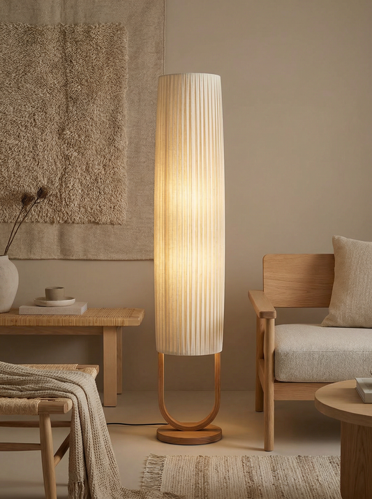 Japandi Pleated Floor Lamp - Natural Wood Pleated Floor Lamp
