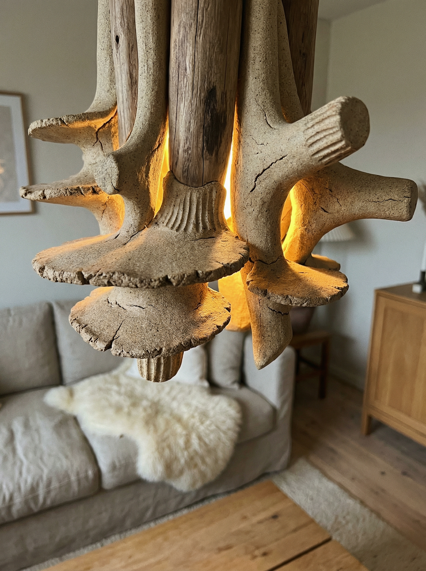 Nordic Sculptural Pendant - Wooden and Glass Hanging Lamp