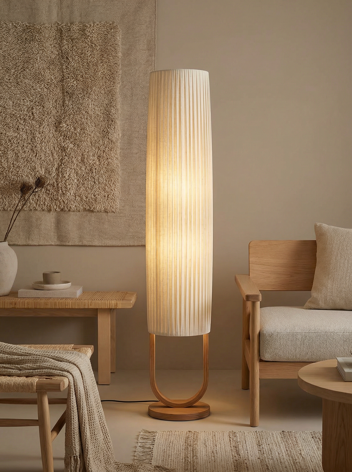 Japandi Pleated Floor Lamp - Natural Wood Pleated Floor Lamp