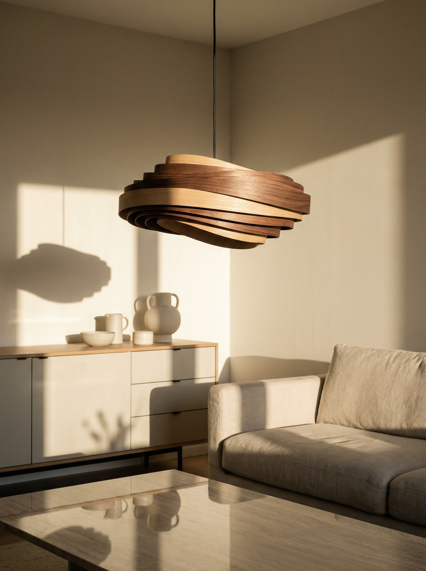Nordic Sculptural Pendant - Wooden and Glass Hanging Lamp