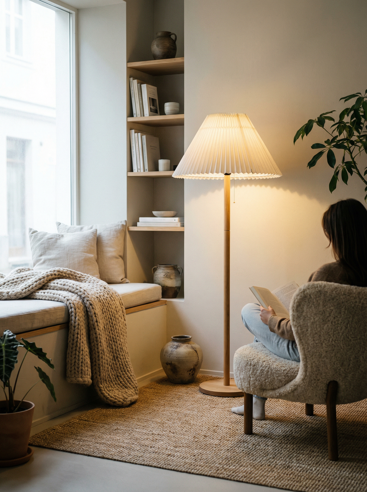 Japandi Pleated Floor Lamp - Natural Wood Pleated Floor Lamp